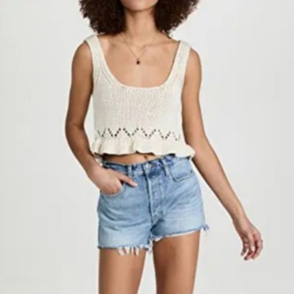 Women's ba&sh Paris knit Crop Tank Top-Ruffle Hem, Ivory Cream, Size M
